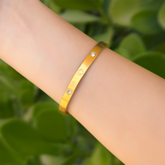 Pulsera Dorada Dura con Zirconias y Trébol Acero Inoxidable 2E8