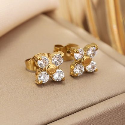 Aretes Dorados Trebol Zirconia Blanca Acero Inoxidable