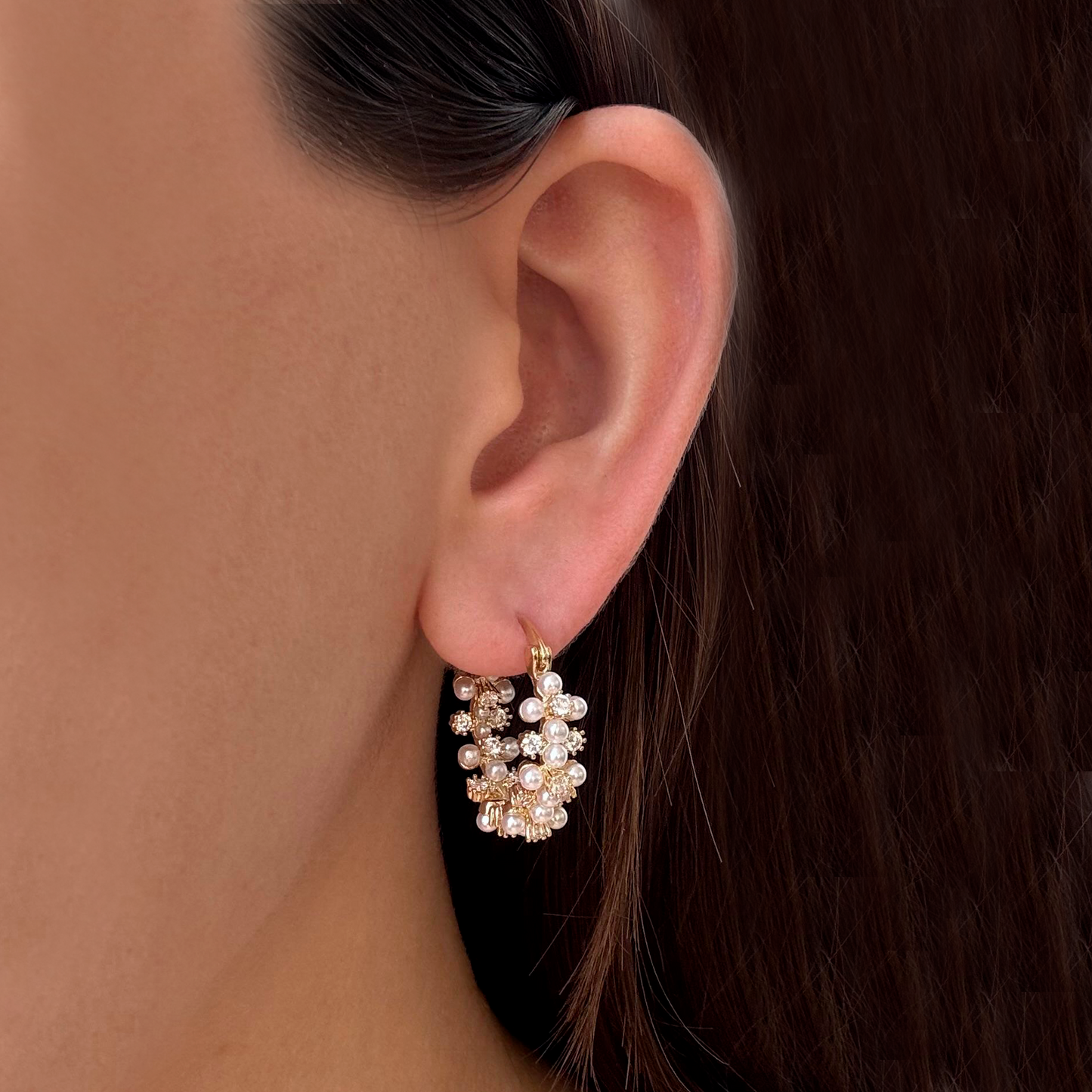 Aretes Arracada Perlitas y Zirconias  Chapa de Oro 2j4