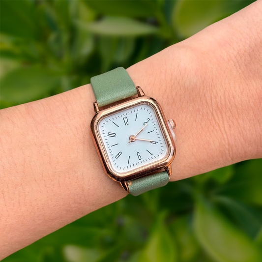 Reloj Verde Cuadro Oro Rosa  R20