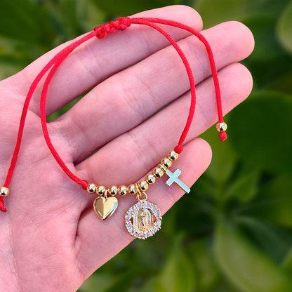 Pulsera Dorada Hilo Rojo Cruz Corazon Medalla