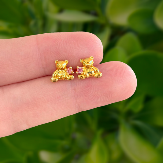 Aretes Dorados Oso con Zirconia Rosa Chapa de Oro Az40