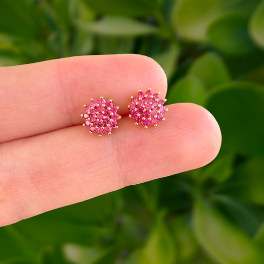 Aretes Dorados Flor Magenta Chapa de Oro Az433