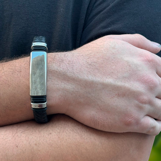 Pulsera Negra Caballero Cuero y Acero Inoxidable   1P8