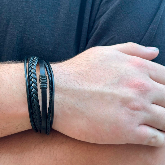 Pulsera Negra Magnética Multicapa Cuero Trenzada 1T8