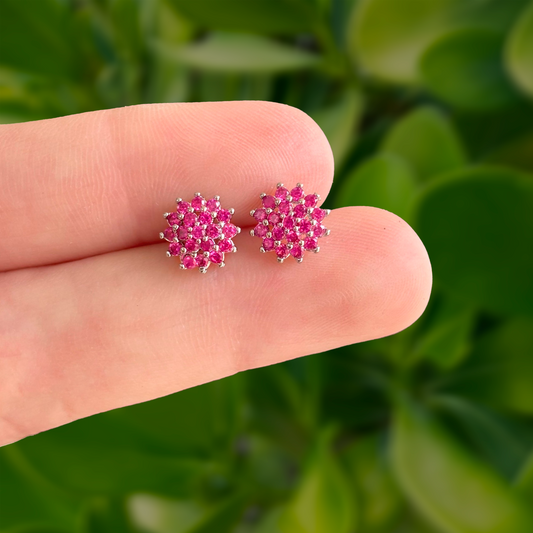 Aretes Plateados Flor Magenta Chapa de Oro Az446