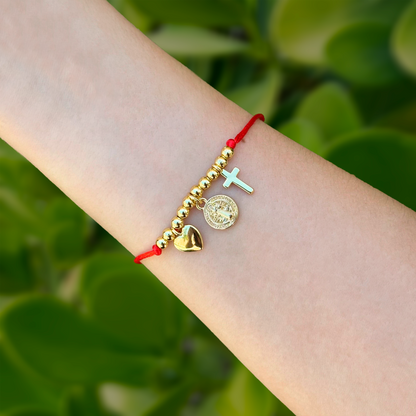 Pulsera Dorada Hilo Rojo Cruz Corazón Medalla 1W4 LU