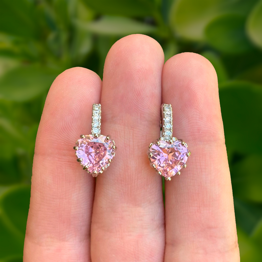 Aretes Arracada Plateada Zirconia Corazón Rosa Chapa de Oro C675