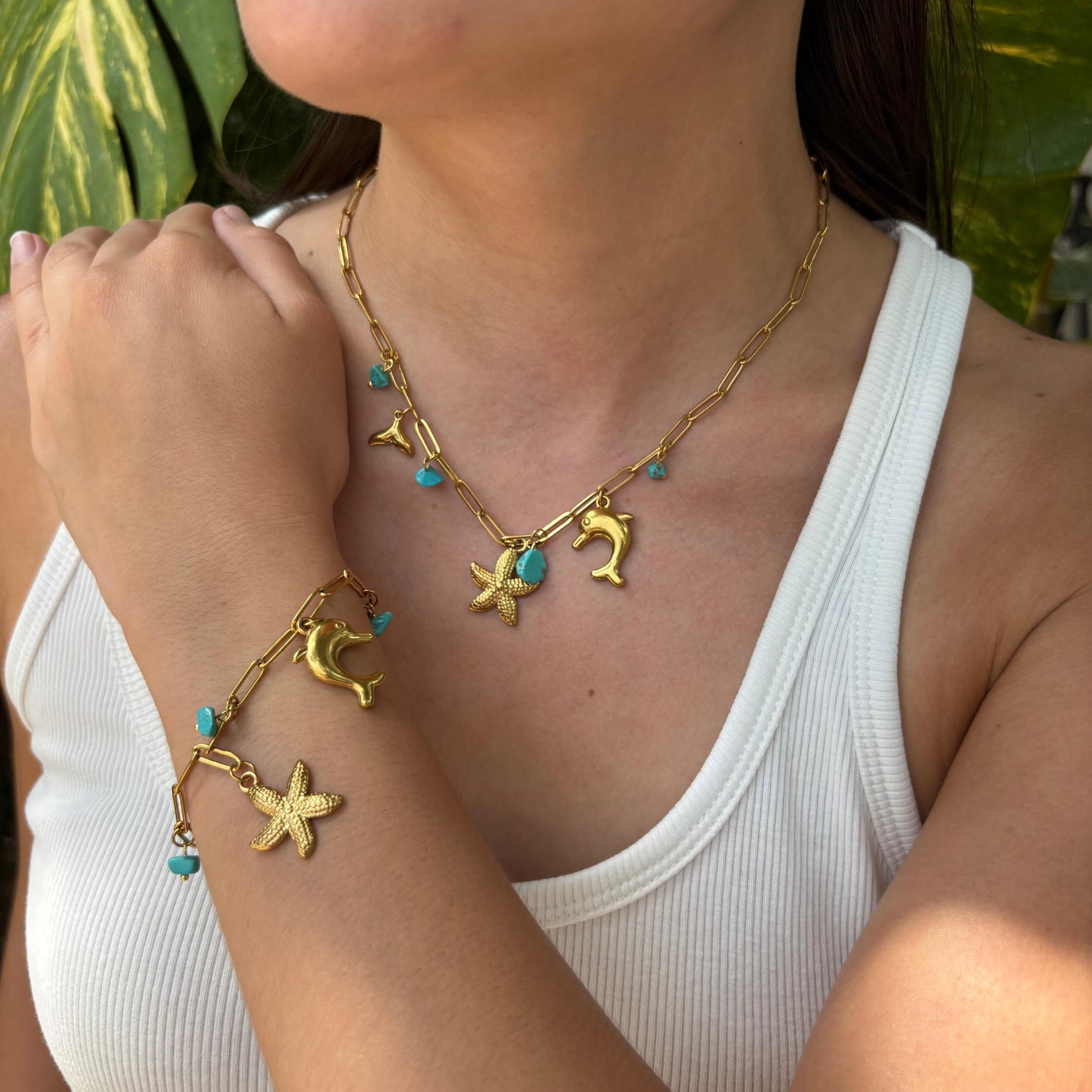Set Collar Pulsera Charms Turqueza Acero Inoxidable 1J8
