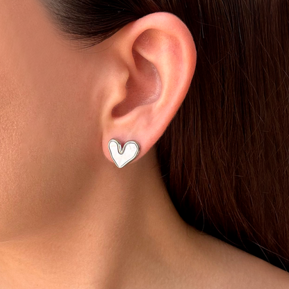 Aretes Plateados Corazón Blanco Acero Inoxidable 2P3