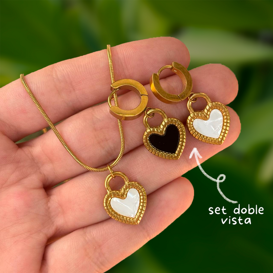 Set Collar y Aretes Corazón Doble Vista Acero Inoxidable 1G8