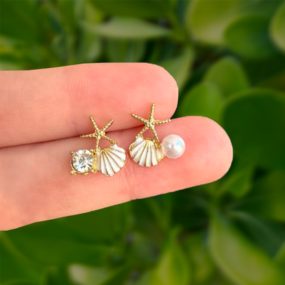 Aretes Dorados Estrella Concha Perla de Mar  2V5