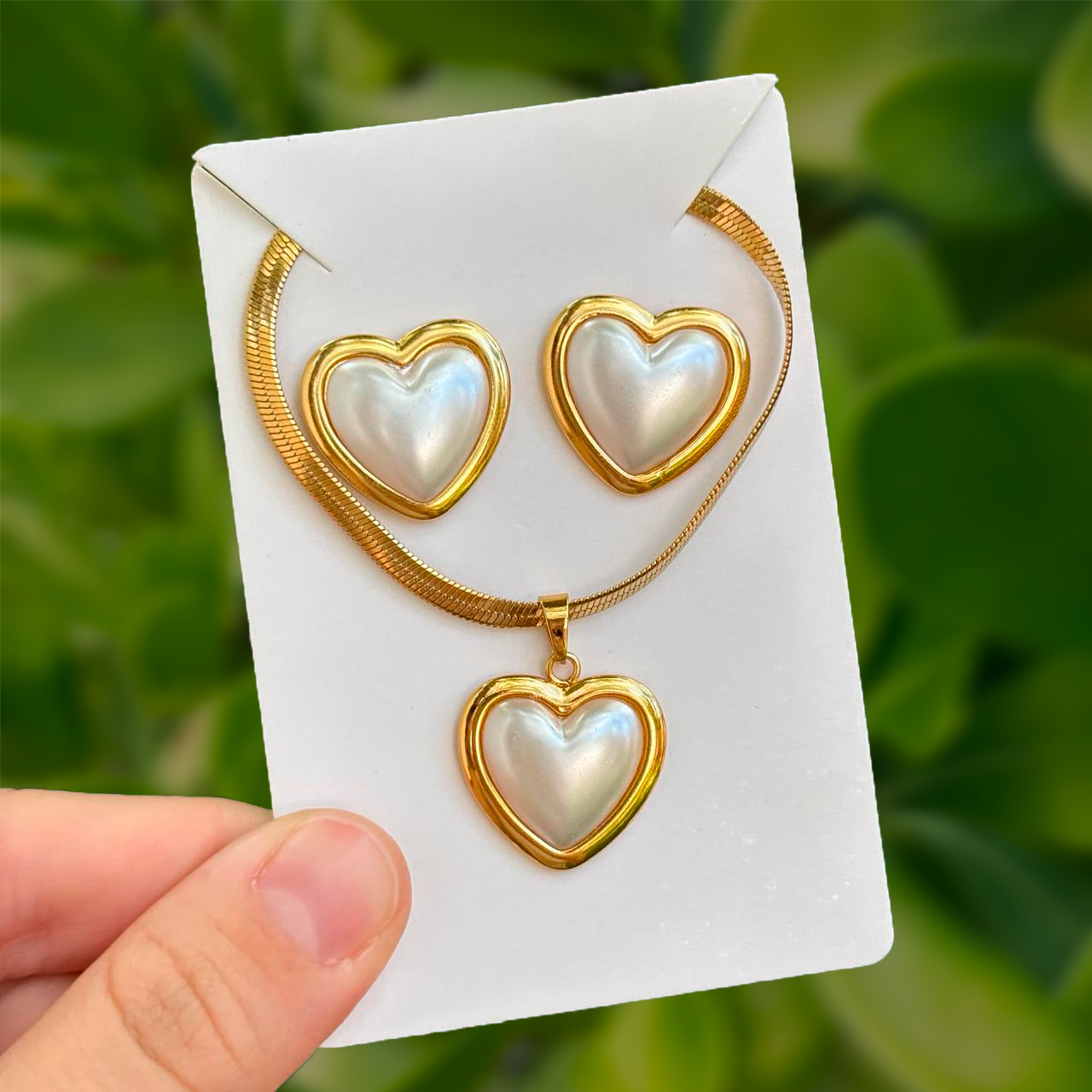 Set Collar y Aretes Corazones Blancos Acero Inoxidable 3M1