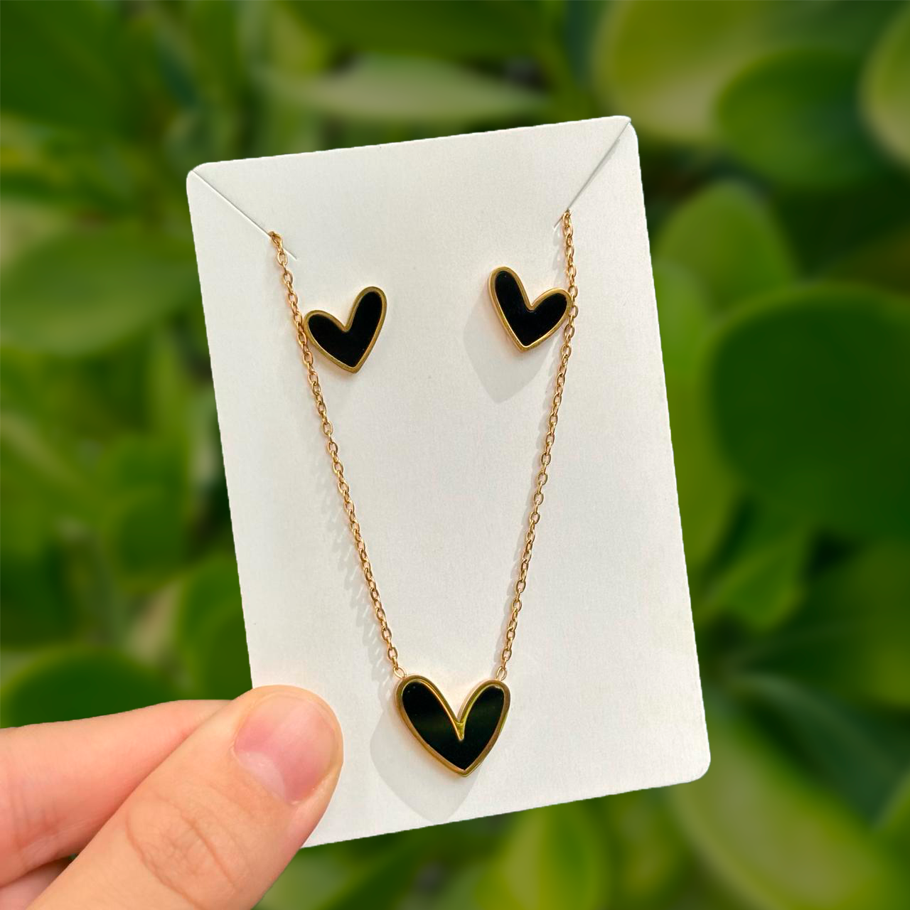 Set Collar y Aretes Corazones Negros Acero Inoxidable 3G5