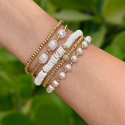 Set Pulseras Doradas Perlas y Bolitas  2W6