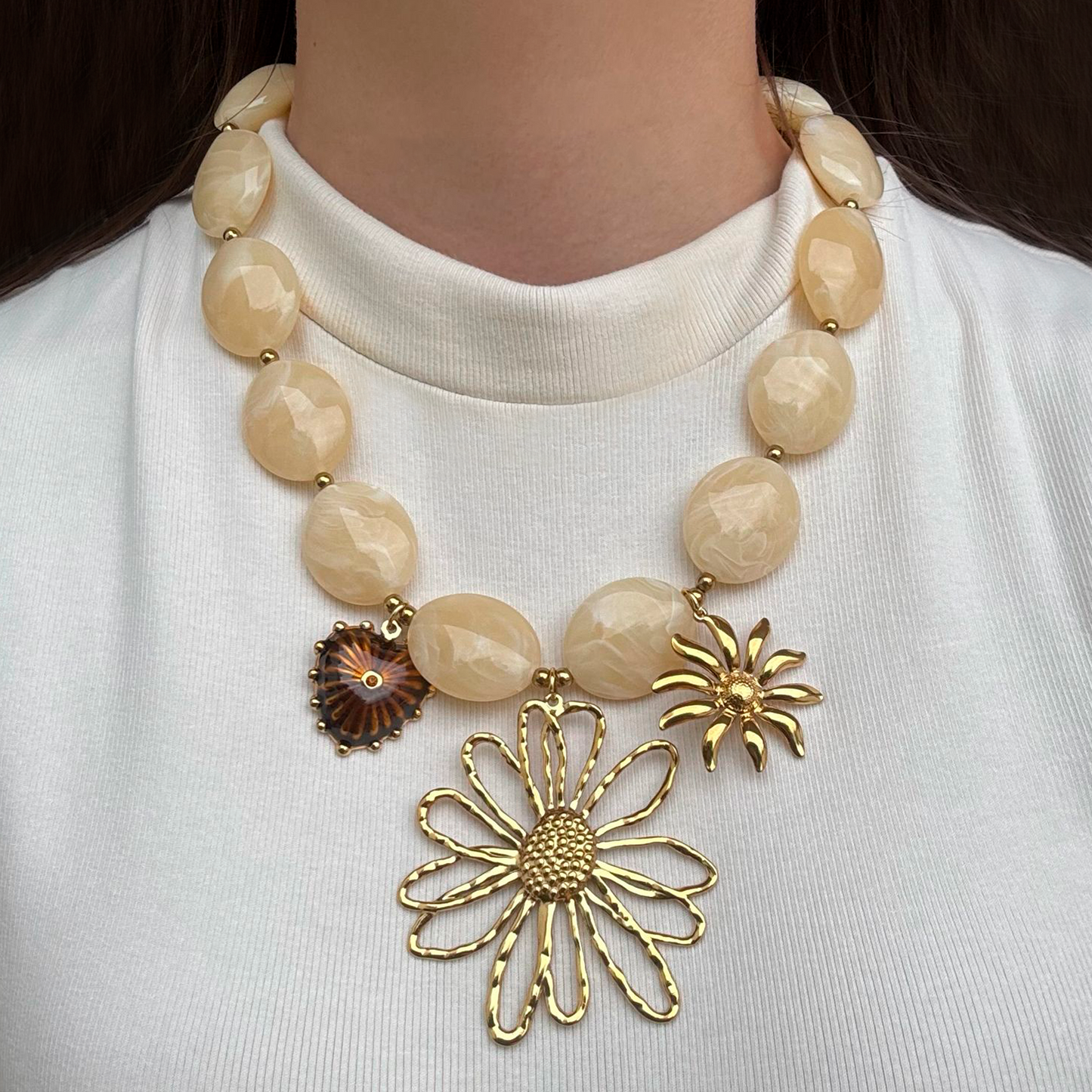 Collar Cuentas y Gran Flor Acero Inoxidable 3D2