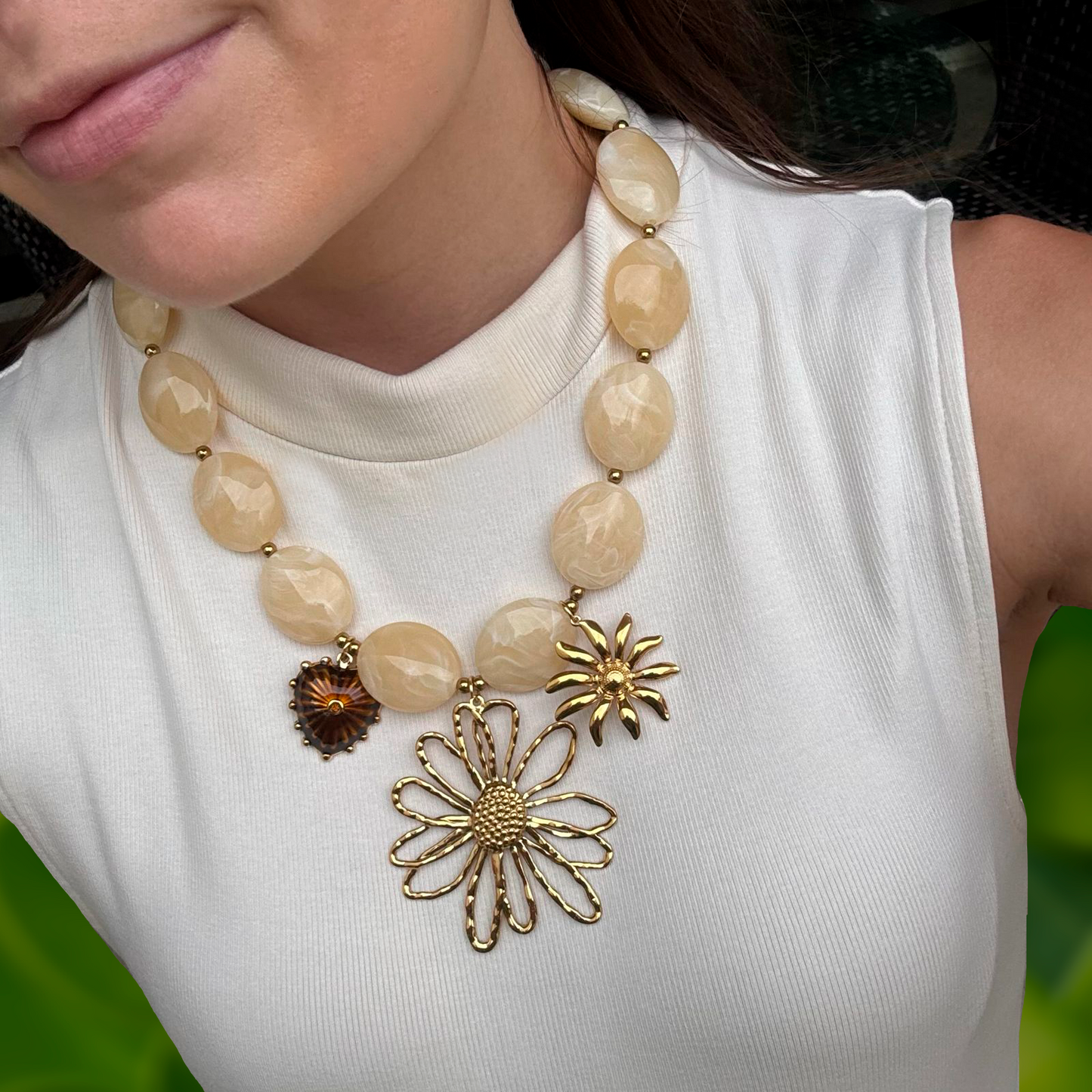 Collar Cuentas y Gran Flor Acero Inoxidable 3D2