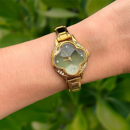 Reloj Dorado y Olivo Zirconia Trebol  Acero Inoxidable R21