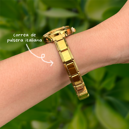 Reloj Dorado y Olivo Zirconia Trebol  Acero Inoxidable R21