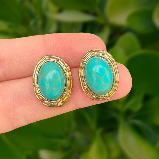 Aretes Dorados  Turquesa de Piedra 2A6