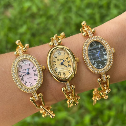 Reloj Dorado Pulsera Negra Carátula de Zirconias 4E42