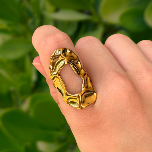 Anillo Dorado Gran O Irregular Ajustable Acero Inoxidable  1C1