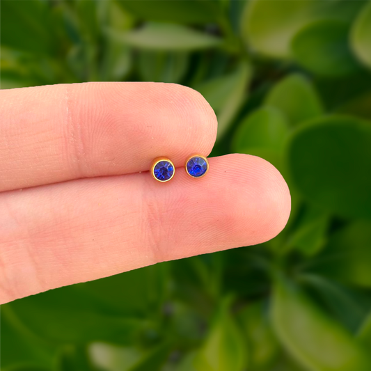 Aretes Dorados Mini Zirconia Azul Acero Inoxidable