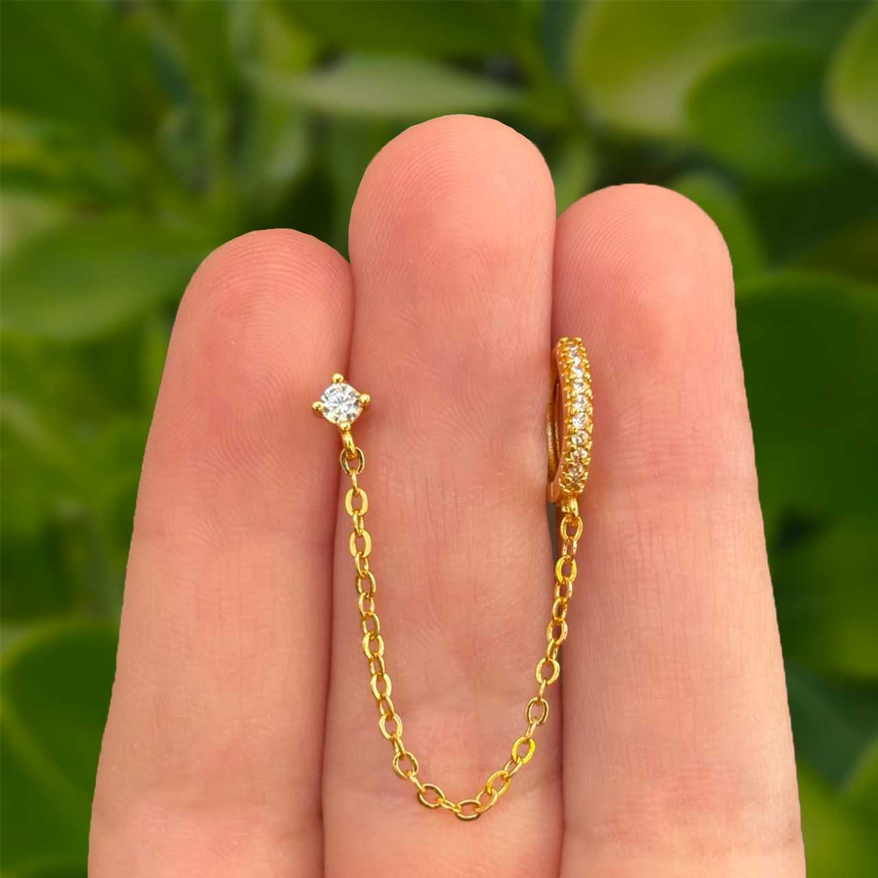 Arete Dorado Cadena y Zirconias 1Pz Chapa de Oro