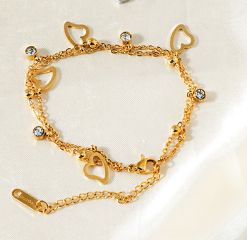 Pulsera Dorada Doble Corazones Acero Inoxidable