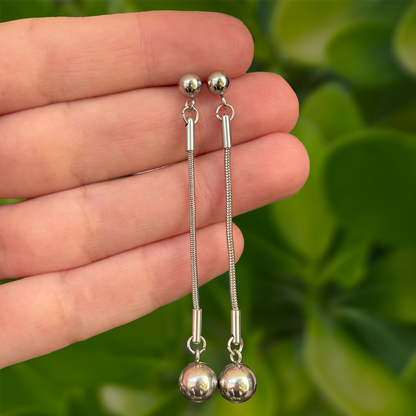 Aretes  Plateado Largo Bolita  Acero de Titanio