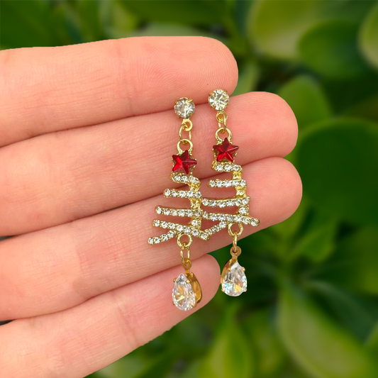 Aretes Dorados Arbol Navidad Estrella Roja