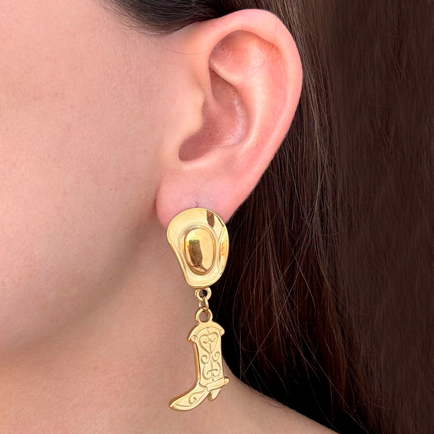 Aretes Dorados Botas Sombrero Acero Inoxidable