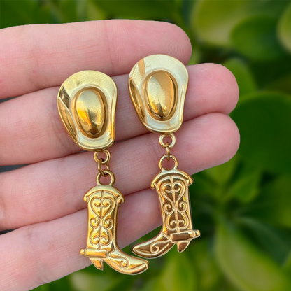 Aretes Dorados Botas Sombrero Acero Inoxidable