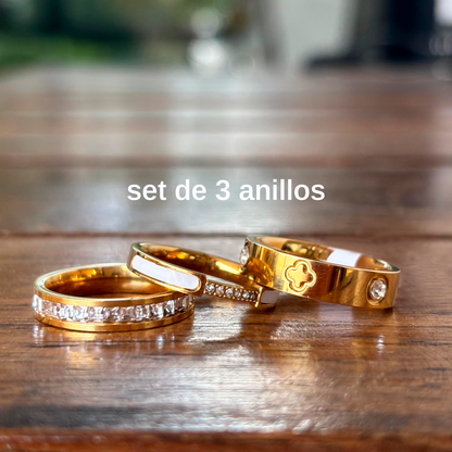 Set tres Anillos Dorados  Acero Inoxidable Talla 7