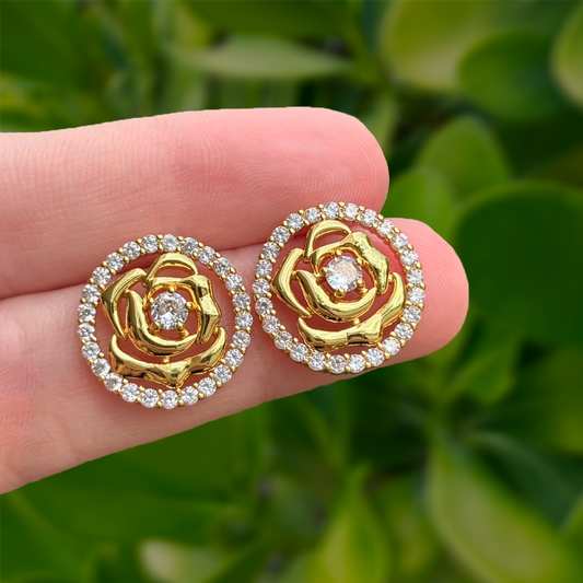 Aretes Dorados Flor con Zirconias Chapa de Oro