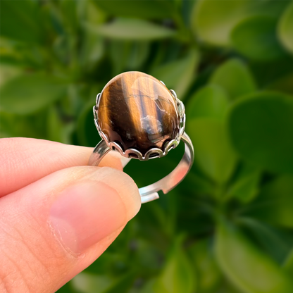 Anillo Plateado Piedra Cafe Ajustable Acero Inoxidable