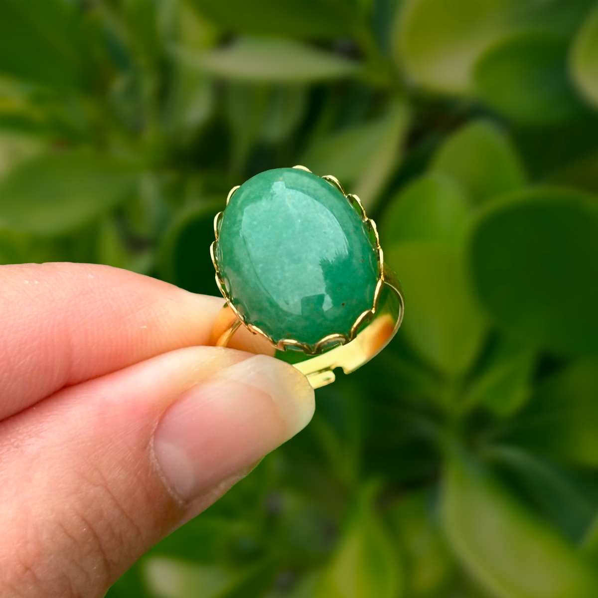 Anillo Dorado Piedra Verde Ajustable Acero Inoxidable
