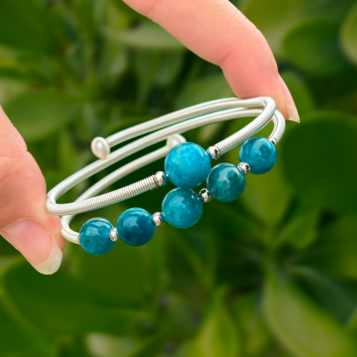 Pulsera Plateada Bolitas Azules
