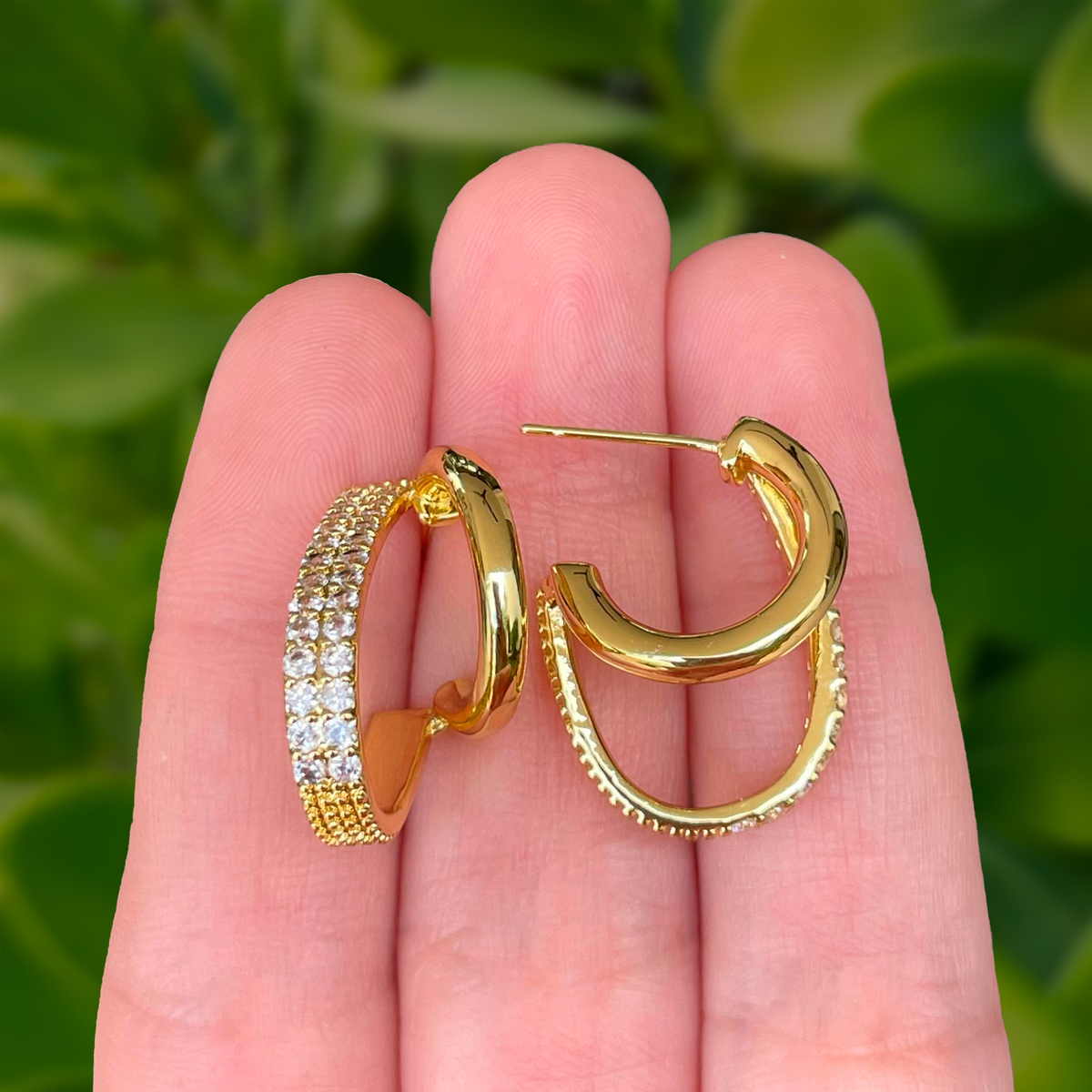 Aretes Dorados Arracada Doble Zirconias Chapa de Oro