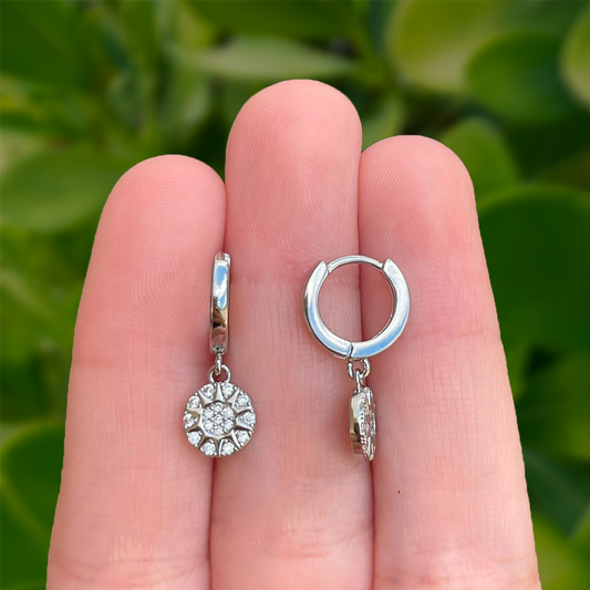 Aretes Arracada Plateada Sol con Zirconias Chapa de Oro