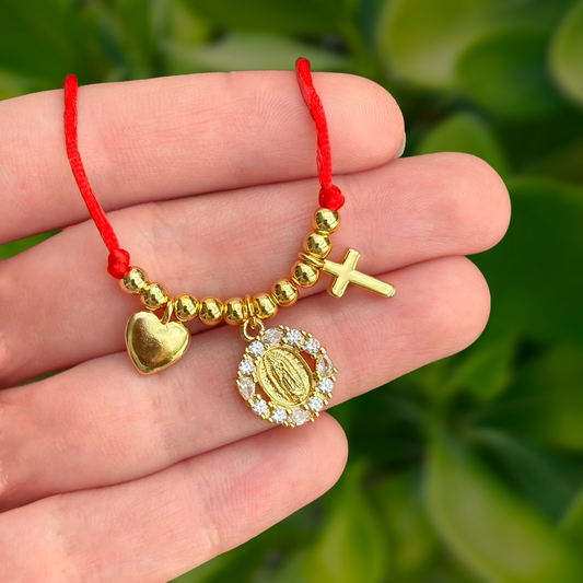 Pulsera Dorada Hilo Rojo Corazon Cruz Medalla Zirconias