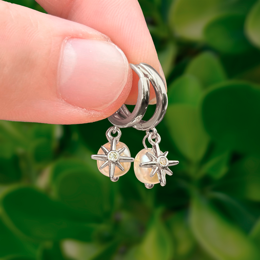 Aretes Arracada Plateada Estrella y Perla Chapa de Oro