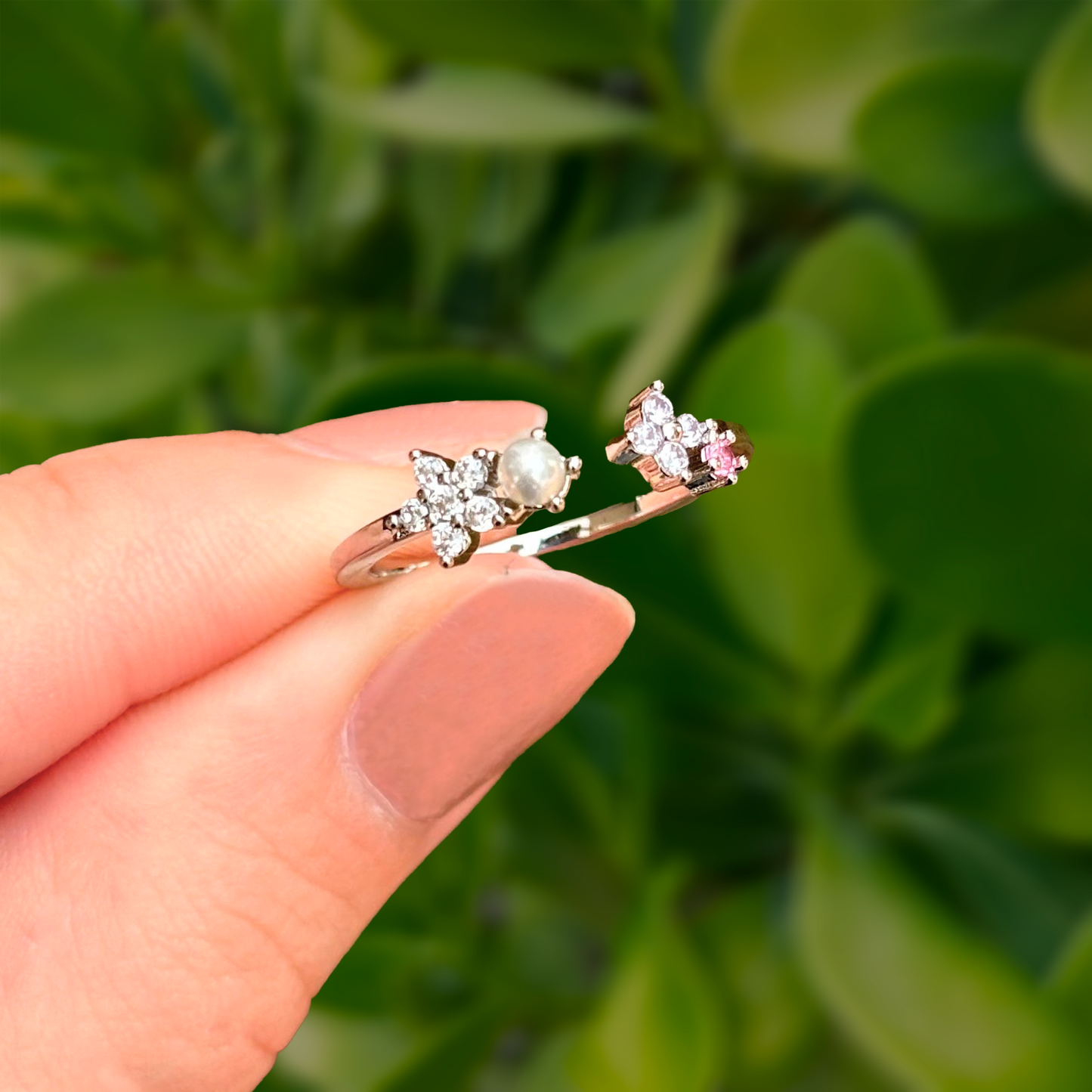 Anillo Plateado Perla y Zirconias Ajustable Chapa de Oro Az14