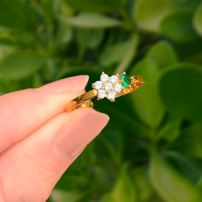 Anillo Dorado Flor Zirconias Verde Ajustable Chapa de Oro Az175