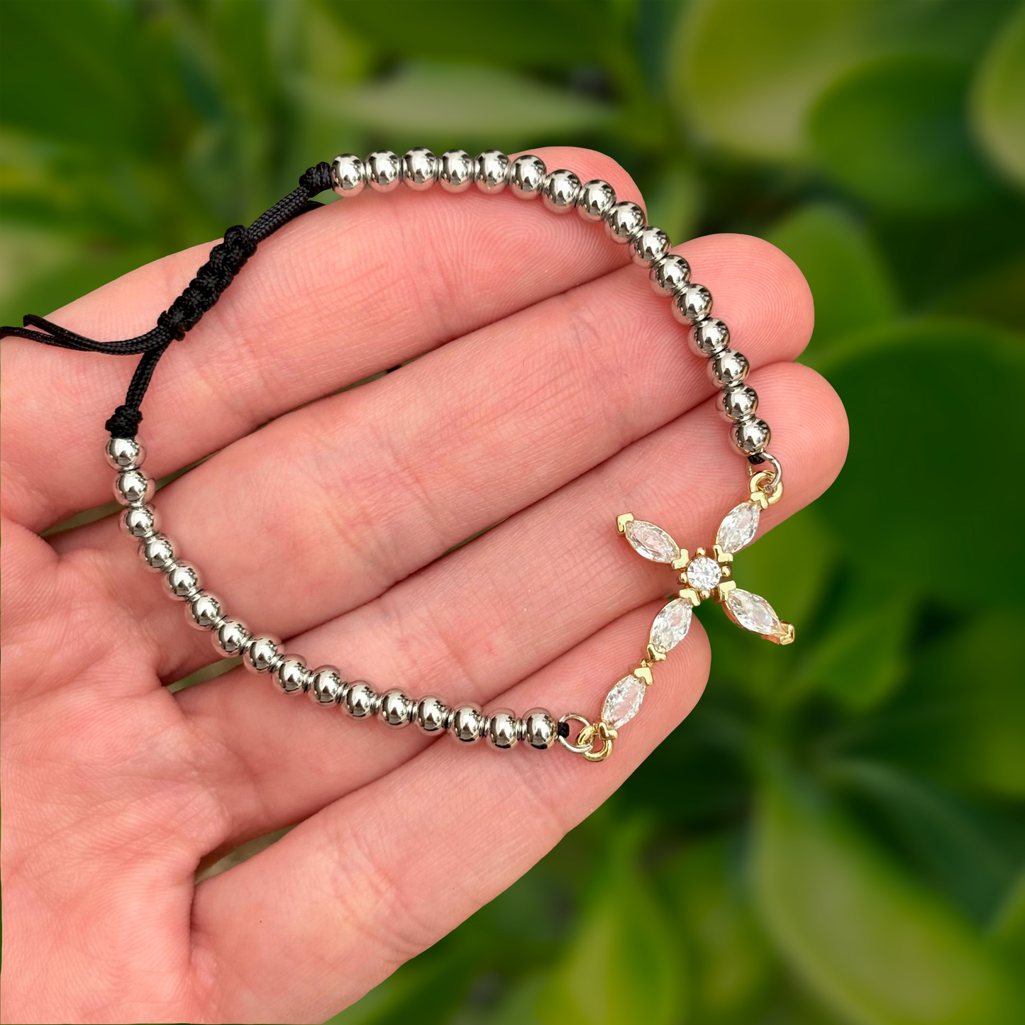 Pulsera Oro-Plata Bolitas y Cruz Zirconias  1o5