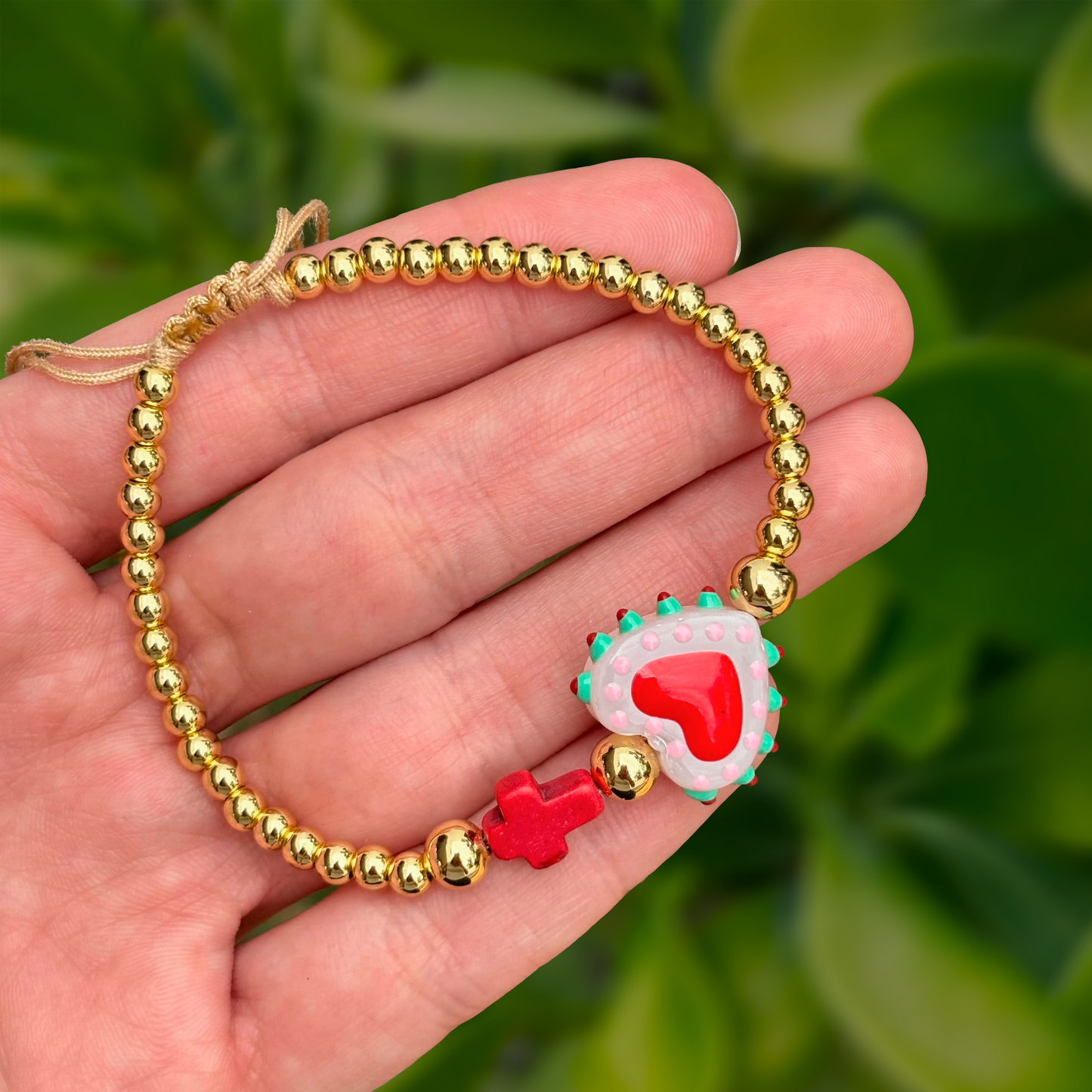 Pulsera Dorada Bolitas Corazón 1E3