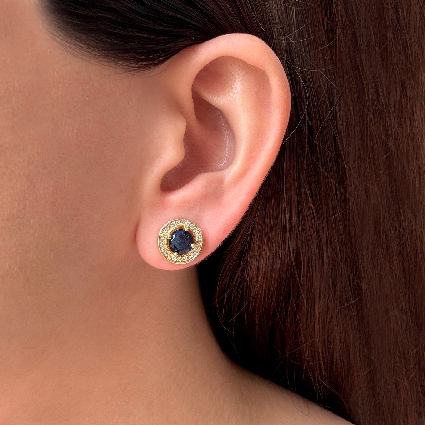 Aretes Dorados Redondos Zirconia Azul Chapa de Oro 1y6