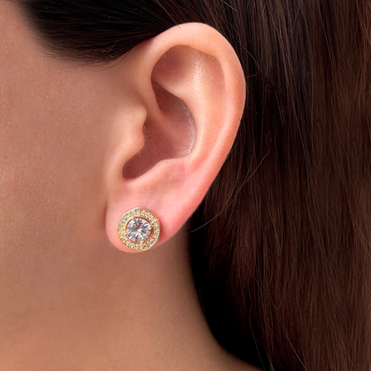 Aretes Dorados Redondos Zirconia Blanca Chapa de Oro 1P3