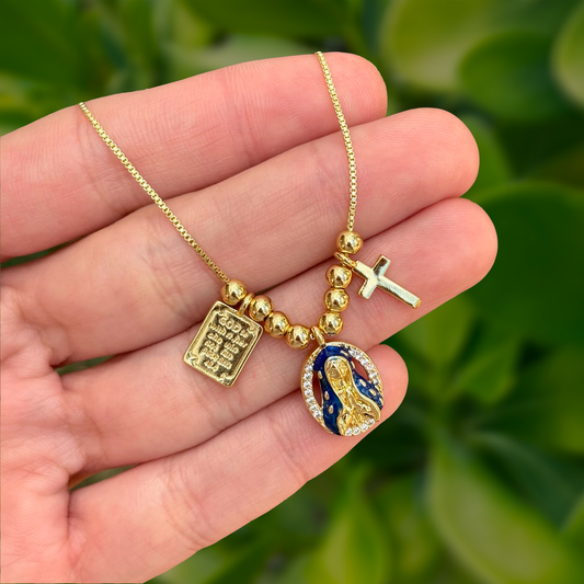 Collar Dorado Bolitas Virgen Cruz Chapa de Oro 1N6