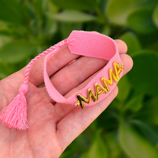 Pulsera Mamá Tela Rosa y Chapa de Oro 3H1